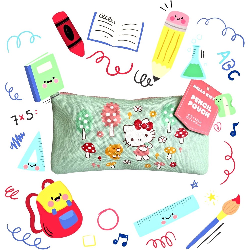 Sanrio Hello Kitty Zipper Pencil Pouch Mint Green Mushroom School Case